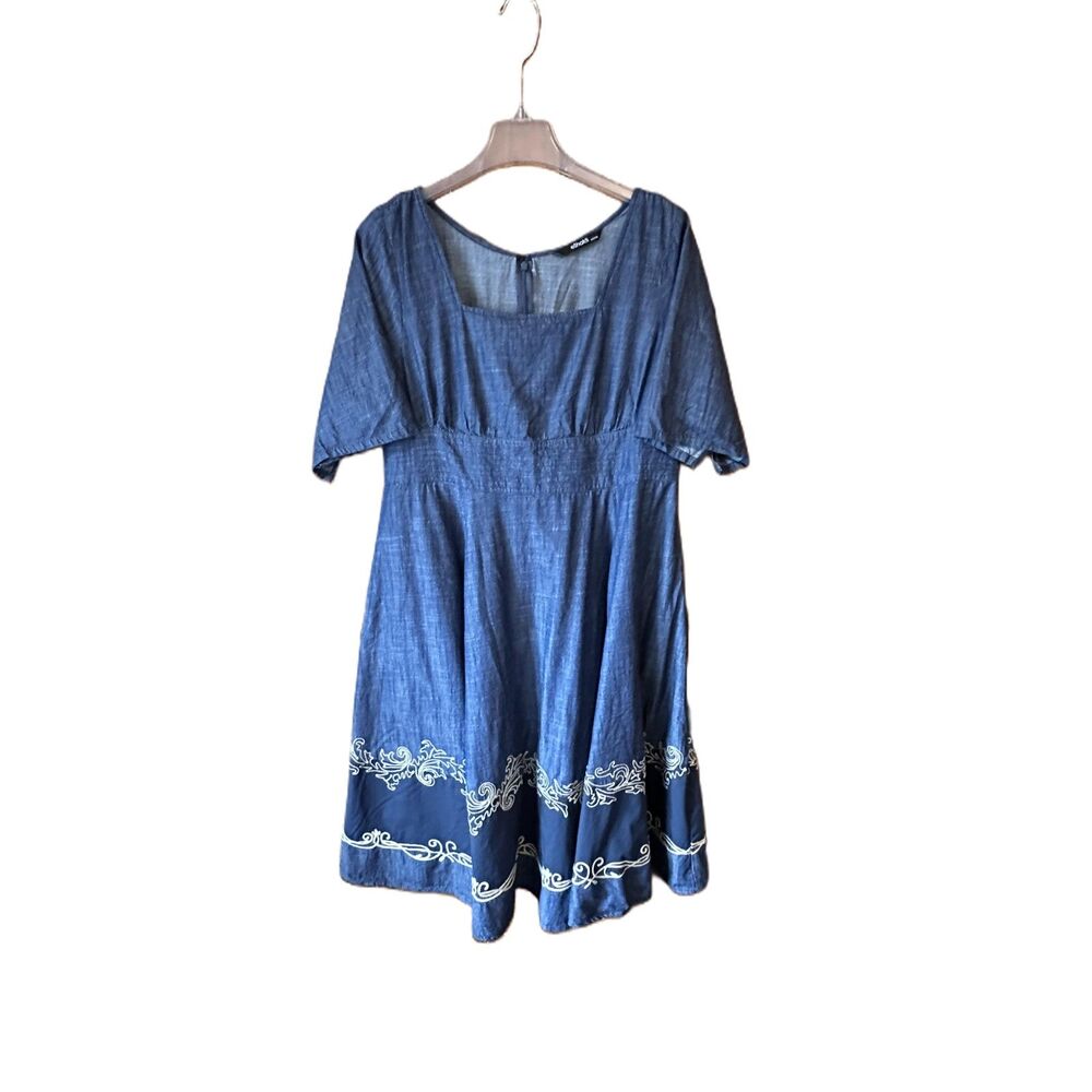 eShakti Blue 1940's 1950's Square Neckline Fit & Flair Dress Embroidered
